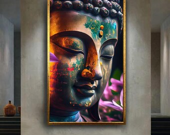 Colorful Buddha canvas wall art print, spiritual enlightenment artwork with nature textures, zen meditation decor for peaceful home space
