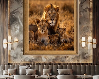 Lion Family Wall Art Canvas Print – African Wildlife Safari Scene for Nature Lovers, Animal Themed Home Decor and Rustic Wall Design
