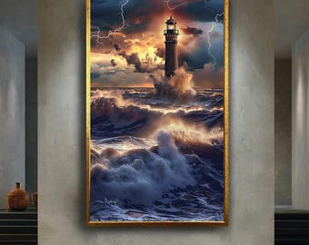 Stormy Lighthouse Ocean Canvas Wall Art – Dramatic Waves and Lightning Seascape Print, Nautical Coastal Decor for Home or Office