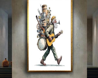 One Man Band Canvas Print, Vintage Musician Playing Multiple Instruments Wall Art, Whimsical Street Performer Home Decor for Musicians