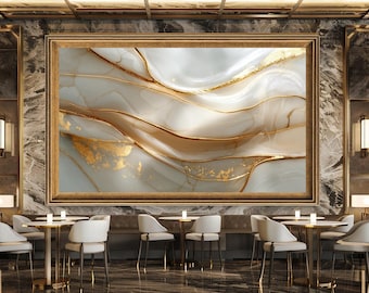 Elegant Abstract Fluid Art Print with Gold Accents and Soft Beige Tones, Modern Luxury Wall Decor for Living Room or Office