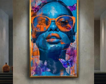Modern Pop Art Woman Canvas Print Colorful Abstract Portrait Wall Art with Butterflies for Bold Home Decor or Artistic Gift Idea