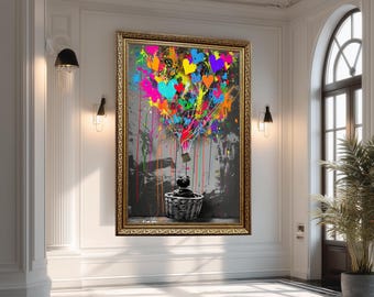 Banksy Balloon Canvas, Balloon Poster, Banksy Art, Graffiti Street Art Canvas of Child in Basket with Colorful Heart Balloons