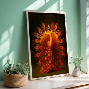 Poster di arte digitale di un pavone arancione acceso, uccello reale luminoso con piume folte, stampa murale audace e naturale per un arredamento di lusso o boho.
