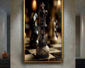 Luxury Chess King Canvas Wall Art for Office or Study Decor, Elegant Gold and Black Royal Chess Piece Print, Classic Strategy Artwork