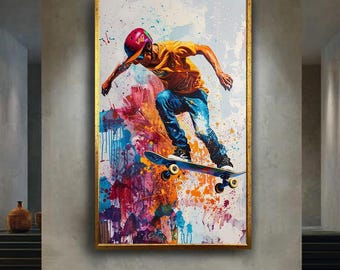 Vibrant Skateboarder Canvas Wall Art with Color Splash Background – Urban Street Sports Print for Cool Teen or Game Room Decor