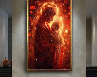 Mary and Baby Jesus Canvas Wall Art, Sacred Madonna and Child Print, Holy Christian Religious Artwork for Prayer Room or Home
