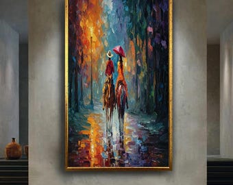 Romantic Couple Horseback Riding in Rainy Forest Oil Painting, Colorful Abstract Art Print, Western Wall Decor for Home