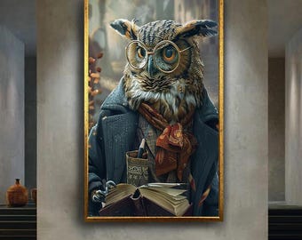 Intellectual Owl Canvas Wall Art – Whimsical Autumn Animal Portrait with Glasses and Book – Cozy Academic Decor for Library or Study