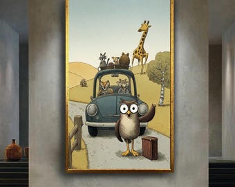 Whimsical Animal Car Journey Wall Art Print – Cute Owl and Friends Illustration Canvas – Storybook Style Poster – Kids Room Decor