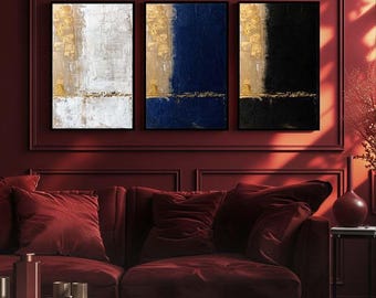 Luxury Abstract Gold and Color Block Canvas Wall Art 3-Piece Set – Triple Print for Living Room, Office, or Bedroom Decor