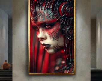 Dark Cyberpunk Warrior Woman Wall Art Print, Futuristic Red Black Tattooed Sci Fi Portrait, Canvas Fantasy Decor Illustration