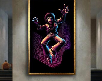 Neon Disco Monkey Canvas Wall Art – Funky 70s Afro Style Anthropomorphic Ape with Retro Synthwave Lighting for Cool Decor
