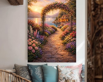 Romantic Garden Path Canvas Print, Floral Arch Landscape Wall Art, Lakeside Cottage Sunset Decor, Dreamy Nature Artwork