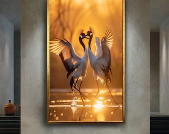 Romantic Dancing Cranes Canvas Wall Art Print with Golden Sunset Glow, Elegant Wildlife Love Scene for Nature Inspired or Couple’s