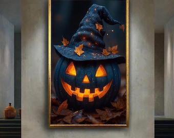 Halloween Pumpkin Canvas Wall Art, Glowing Jack O Lantern Print, Witch Hat Spooky Artwork for Autumn Home or Seasonal Decor