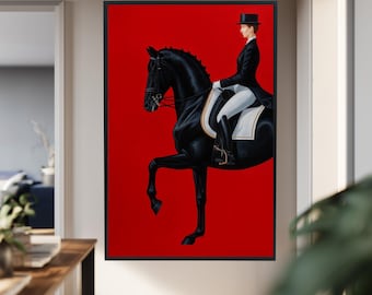 Elegant Equestrian Woman on Black Horse Canvas – Red Background Dressage Art Print, Stylish Rider Wall Decor for Horse Lovers and Interiors