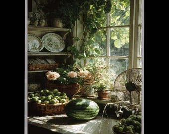 Vintage Cottagecore Kitchen Wall Art with Watermelon and Green Fruit, Floral Details and Sunlit Sink for Rustic Farmhouse Decor