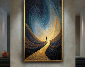 golden path silhouette figure swirling sky abstract textured painting starry night style modern wall art canvas home decor