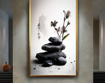 Japanese Zen Stones Canvas Wall Art with Ink Wash Flower and Calligraphy – Minimalist Wabi-Sabi Decor for Meditation or Spa Room