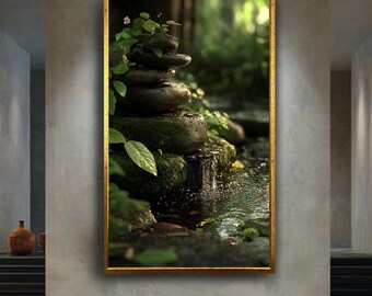 Zen Nature Canvas Wall Art with Mossy Stones and Flowing Stream – Peaceful Forest Print for Spa, Meditation or Healing Room Decor