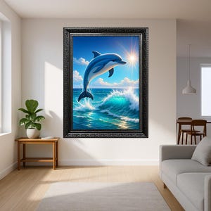 Springende Delfin-Ozean-Szene Digitale Wandkunst Sonnige Meereswelle Druck für Strandhaus Küstenkinderzimmer Sommer Natur Dekor Sea Life Poster
