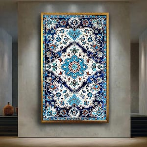 Arte tradicional islámico en lienzo con azulejos, estampado floral otomano de Iznik, decoración de pared de cerámica turca azul para sala de oración o hogar.