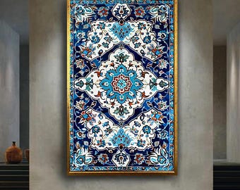 Traditional Islamic Tile Canvas Art, Ottoman Iznik Floral Pattern Print, Blue Turkish Ceramic Wall Decor for Prayer Room or Home