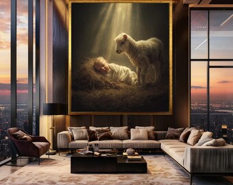 Holy Baby and Lamb Canvas Wall Art with Radiant Light – Peaceful Nativity Style Print for Nursery or Christian Home Decor
