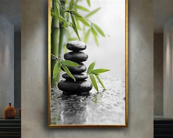Zen Bamboo and Wet Stones Canvas Print – Minimalist Spa Style Wall Art for Meditation Room, Yoga Studio or Tranquil Home Decor