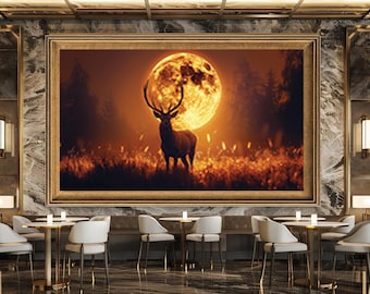 Majestic Deer Silhouette Wall Art Print, Full Moon Forest Night Canvas Art, Mystical Wildlife Artwork for Rustic Home Decor