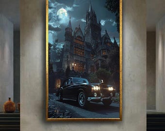 Luxury Gothic Mansion Canvas Wall Art Print, Haunted Castle at Night with Classic Car and Full Moon, Dark Fantasy Vintage Decor