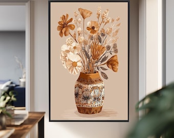 Boho Floral Wall Art Print Vintage Vase Illustration Neutral Botanical Artwork Earth Tone Flowers Rustic Aesthetic Home Decor