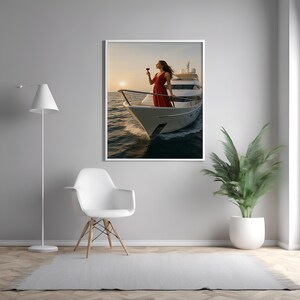 Impresión artística de pared de una mujer en un yate de lujo - Póster elegante de atardecer en el océano - Fotografía glamurosa de la vida en barco - Decoración de lienzo de moda náutica
