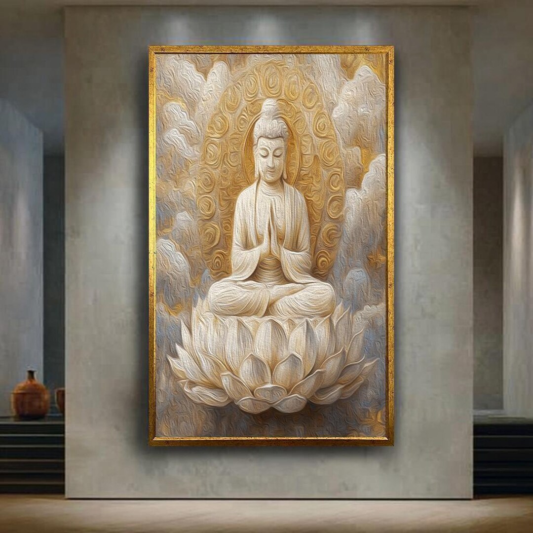 White Buddha Canvas Print Lotus Meditation Wall Art Zen Spiritual Decor ...