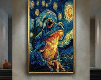 Starry Night Frog Canvas Wall Art – Van Gogh Inspired Whimsical Animal Print – Vibrant Fantasy Frog Artwork for Colorful Home Decor