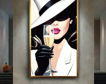 Glamorous Woman Wall Art Print – Elegant Lady with Champagne Glass in White Hat and Gloves – Chic Fashion Pop Art Poster