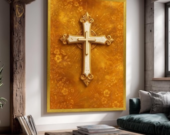 Elegant Christian Cross Wall Art in Gold and White with Floral Texture, Religious Canvas Print for Sacred and Spiritual Home Decor