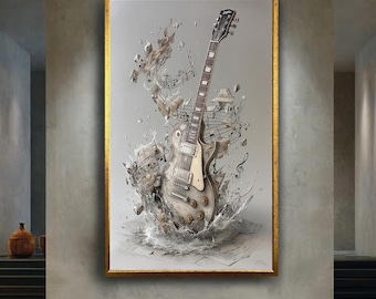 Exploding Guitar Wall Art Canvas, Electric Guitar with Music Notes Illustration, Dynamic Rock Music Decor for Studio or Music Room Gift