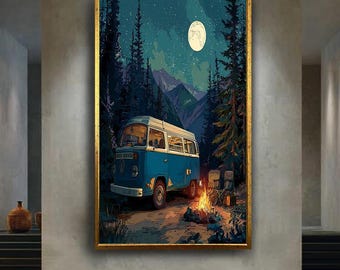 Starry Mountain Camper Van Canvas – Blue VW Bus Campfire Scene – Outdoor Adventure Wall Art for Nature and Van Life Lovers