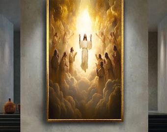 Jesus Ascension Canvas Wall Art – Glorious Christian Artwork with Angels and Light – Religious Home Decor for Easter and Prayer Space