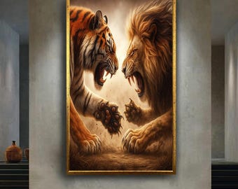 Epic Tiger vs Lion Wall Art Poster – Wild Animal Clash Digital Painting – Jungle Power Artwork for Home Office Decor