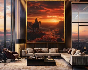 Western Cowboy Sunset Wall Art Print, Horse Rider Landscape Photography, Rustic Country Home Decor for Western Style Interiors