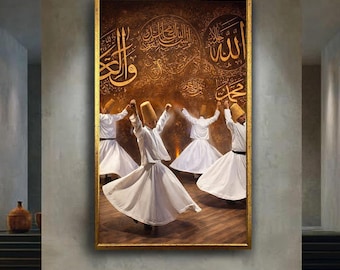Whirling Dervishes Canvas Print, Sufi Islamic Wall Art, Sacred Sama Ceremony Artwork, Spiritual Calligraphy Decor