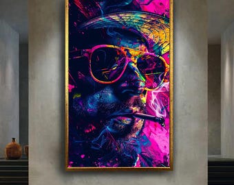 Neon Street Art Canvas Wall Art – Psychedelic Urban Portrait with Graffiti Style Colors for Modern Home, Music Studio or Art Lover Gift
