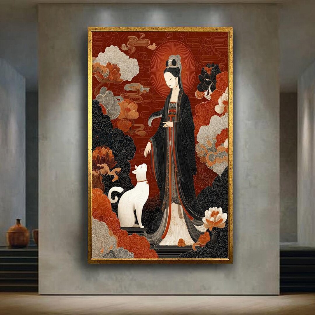 Fantasy Asian Woman With White Cat Canvas Wall Art – Red Oriental ...