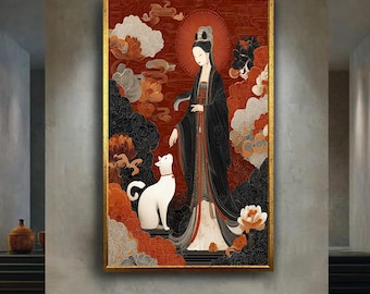 Fantasy Asian Woman with White Cat Wall Art – Red Oriental Canvas Print – Spiritual Mythical Poster – Mystical Home Decor Artwork