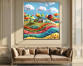 Whimsical Yarn Landscape Wall Art Print, Colorful Knitted Countryside Scene with Cozy Cottage, Playful Textile Style Decor for Kids Rooms