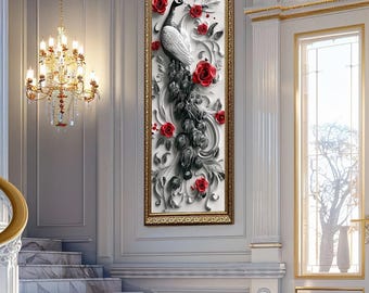 Elegant Black and White Peacock Wall Art with Red Roses and Ornamental Floral Details, Luxury Canvas Print for Glamorous Home Decor