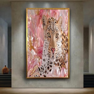 Luxury Leopard Print Wall Art with Pink Crystals and Flowers, Glam Animal Decor for Fashionable Interiors and Feminine Spaces